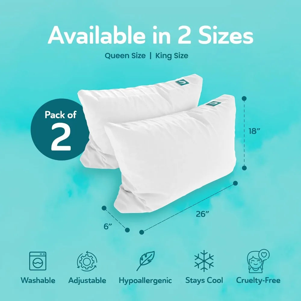 Cooling bed pillows 2-pack, queen size by S And B Enterprise; adjustable, washable, white.
