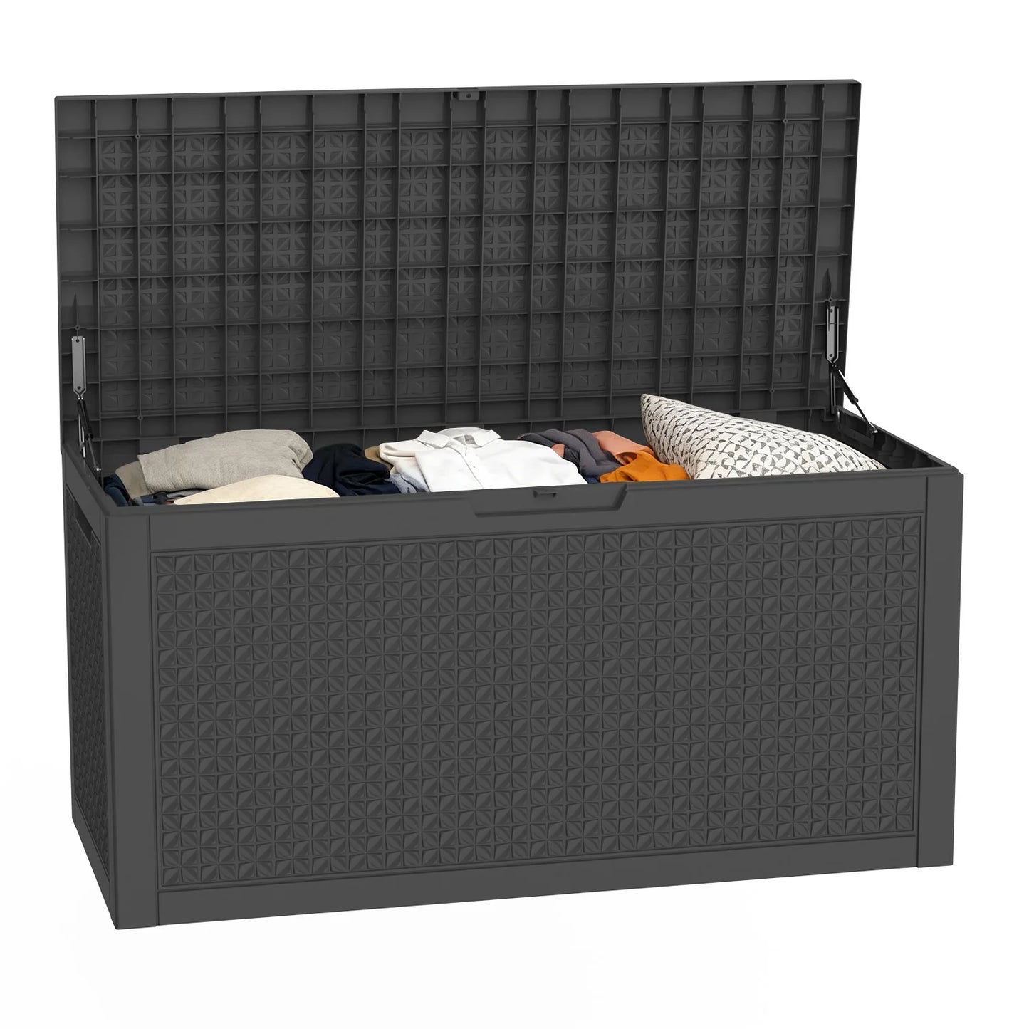 100-Gallon resin deck box by S And B Enterprise, dark gray lockable outdoor storage for patio gear