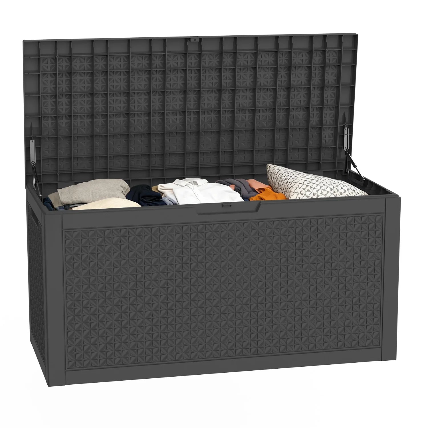 100-Gallon resin deck box by S And B Enterprise, dark gray lockable outdoor storage for patio gear