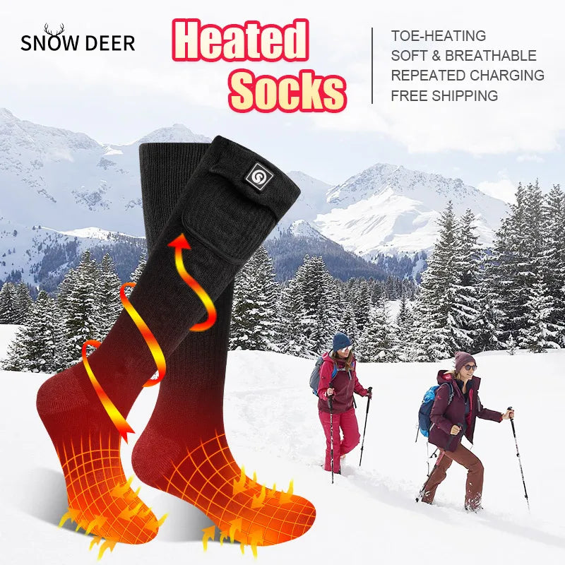 Snow Deer heated socks pair in black with orange heat graphics; rechargeable battery foot warmers for skiing and camping
