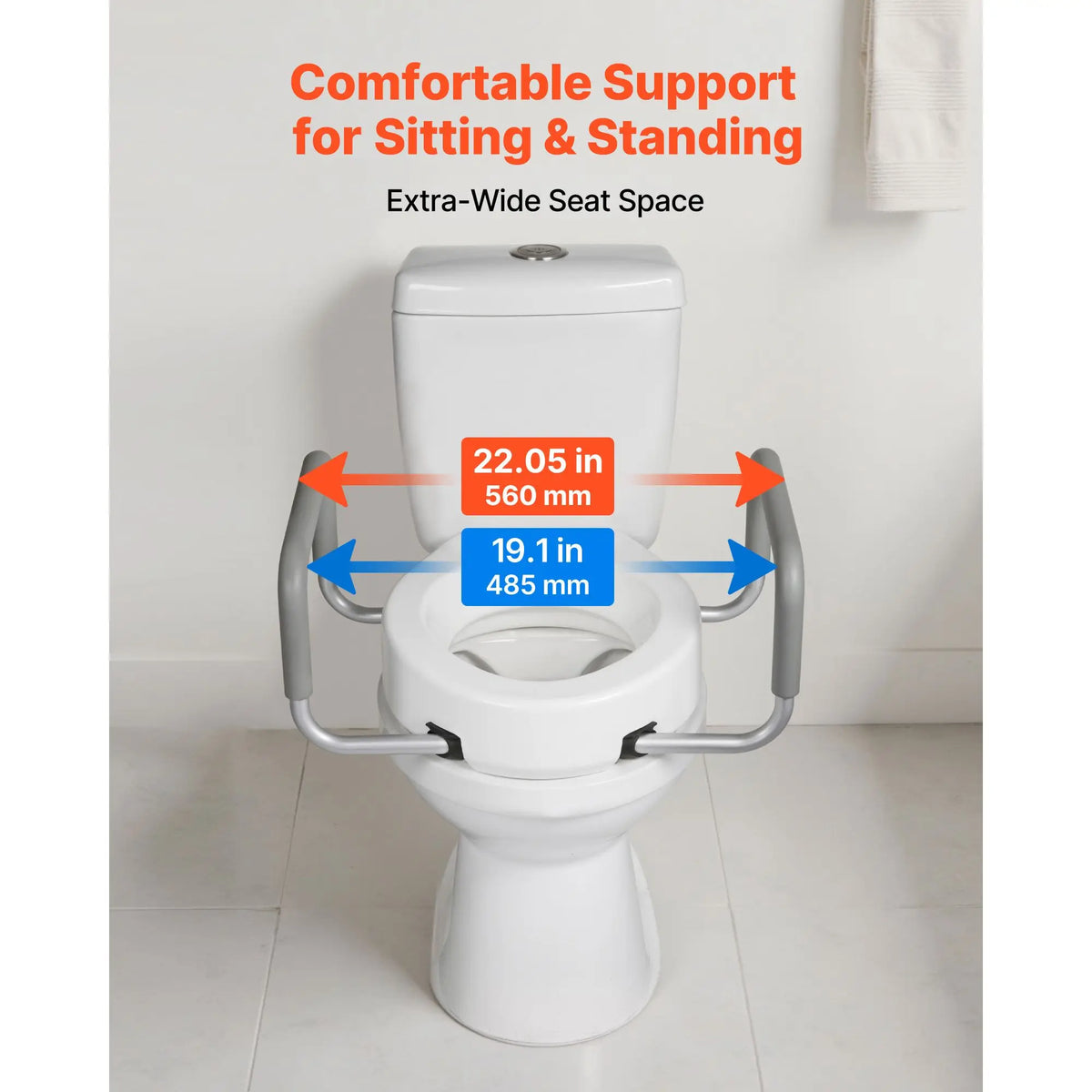 Raised toilet seat with arms and padded handles; 3.5-inch lift, 300 lb capacity.
