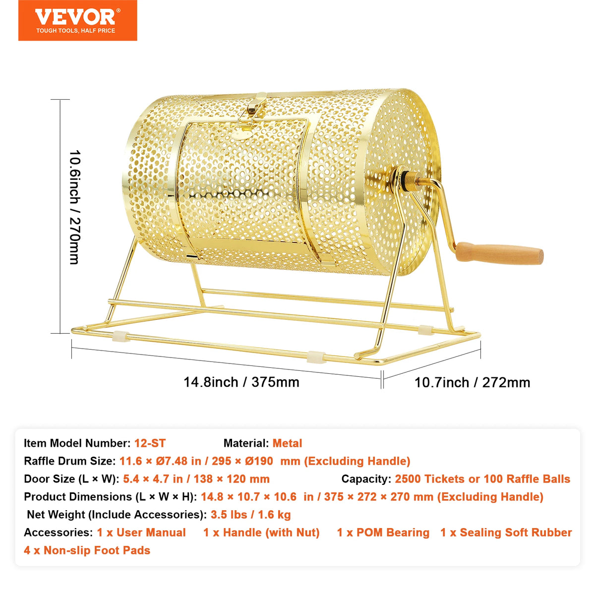 Raffle drum, S And B Enterprise, gold brass-plated perforated cage on stand with crank; holds 10,000 tickets or 300 balls