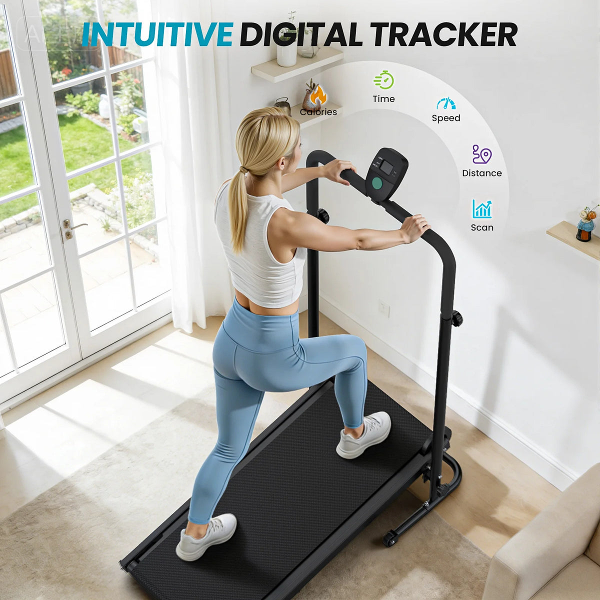 Akluer non-motorized foldable treadmill with LCD monitor, slip-resistant belt and comfort foam grips for home gym use