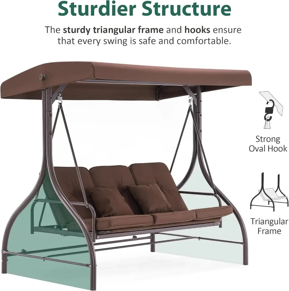 Three Seat Outdoor Patio Swing Chair With Canopy And Cushions