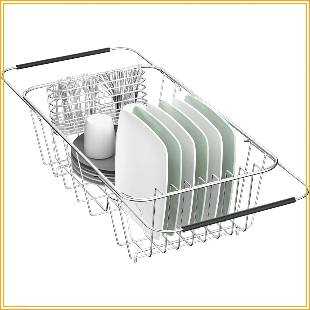Expandable over-sink dish drying rack in stainless steel with utensil holder, adjustable width 14.25–22.44 inches.