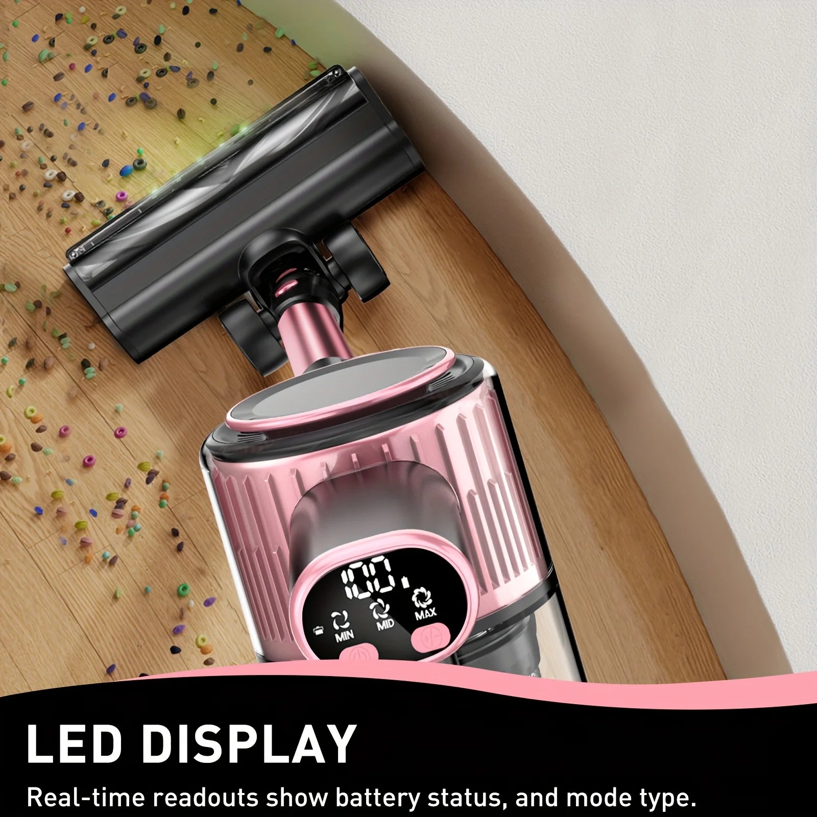 S And B Enterprise pink cordless vacuum cleaner with LED display, 8-in-1 lightweight design