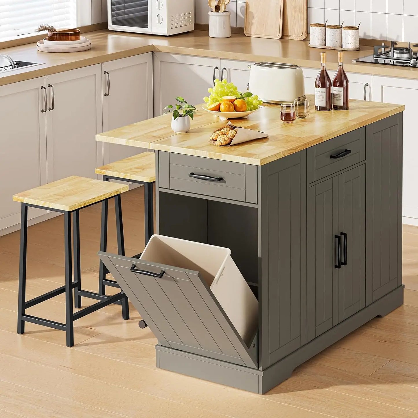 ONBRILL Stationary Kitchen Island With Storage And Two Chairs by S And B Enterprise
