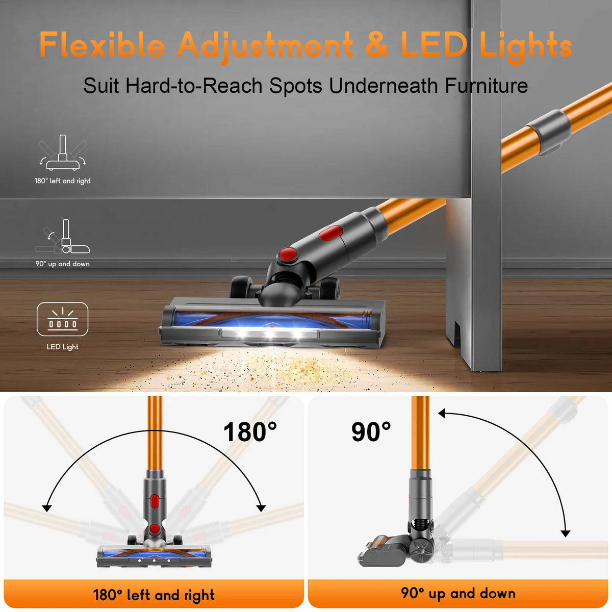 Honki cordless vacuum cleaner by S And B Enterprise with LED lights, orange wand, wet-dry handheld for pet hair.