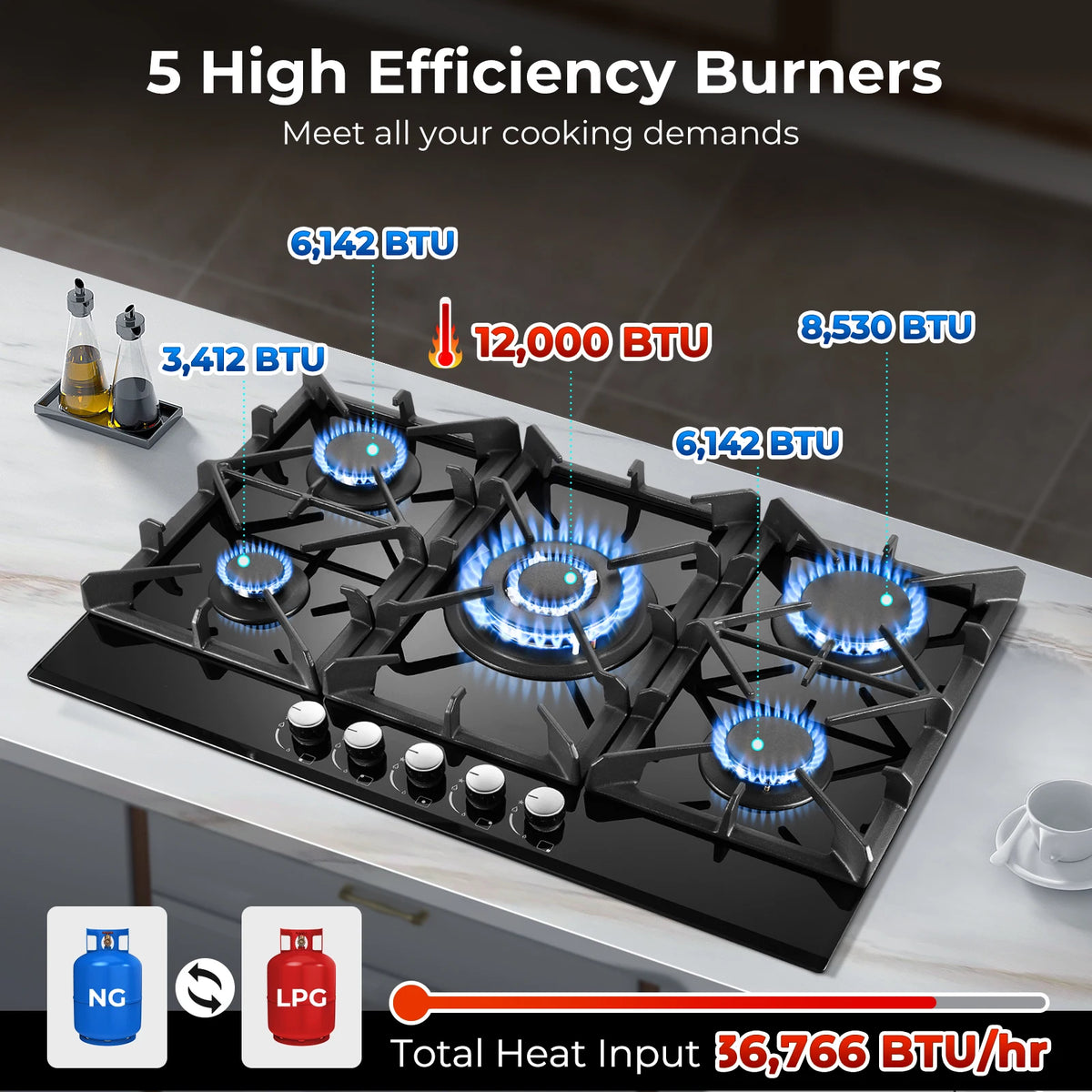 30-inch gas cooktop with 5 burners in black glass, built-in kitchen stove top