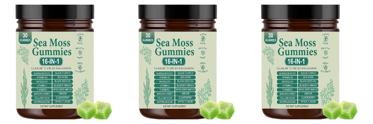 Sea Moss Gummies 16-IN-1 from S And B Enterprise, Apple flavor, 30 gummies each; three jars