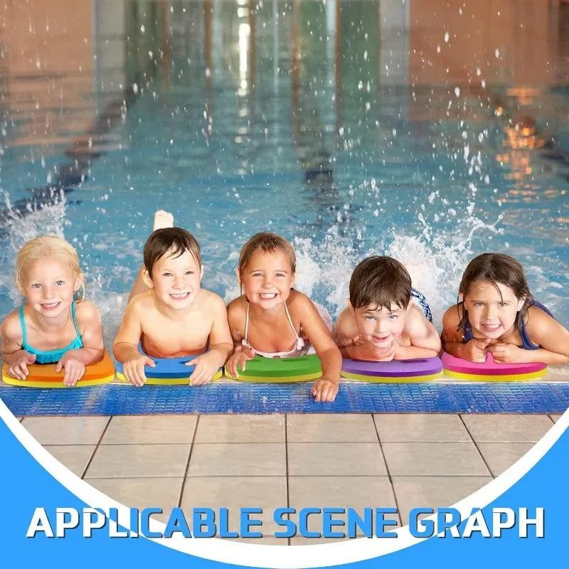 Kickboard EVA foam swimming training boards; five colorful U-shaped boards held by kids at the pool