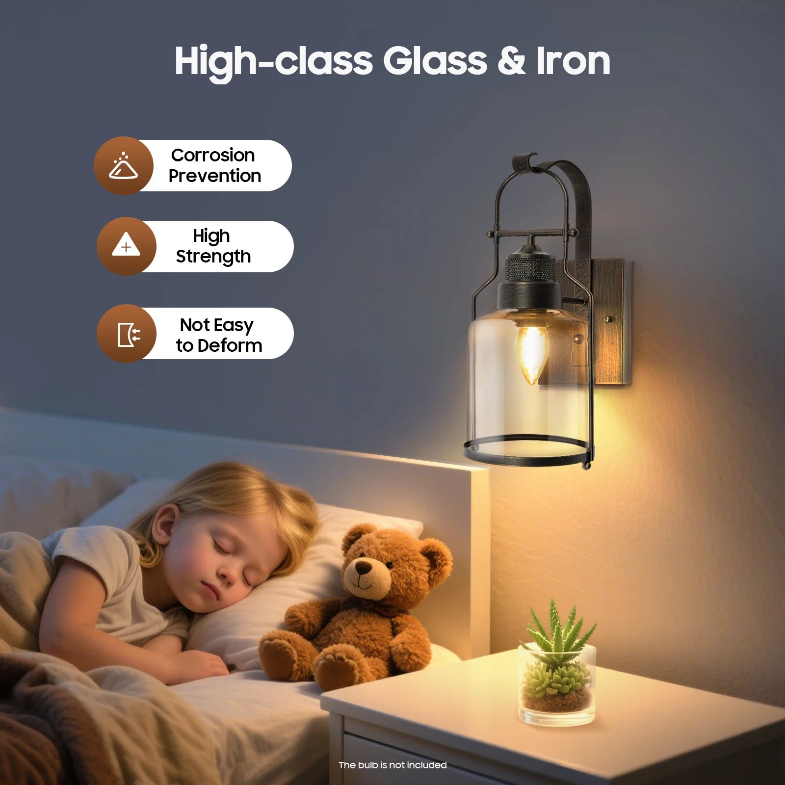 S And B Enterprise retro industrial wall lamp with rust iron frame and clear glass shade; E26/E27 socket