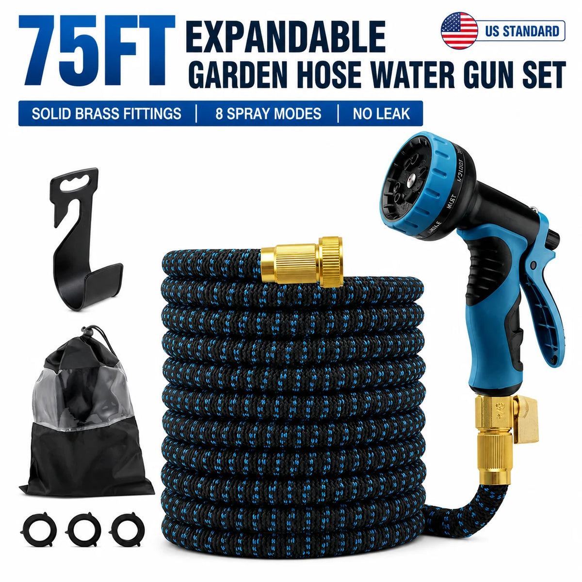 Expandable retractable garden hose with 8 spray modes nozzle, blue braided hose and brass fittings, yard watering kit