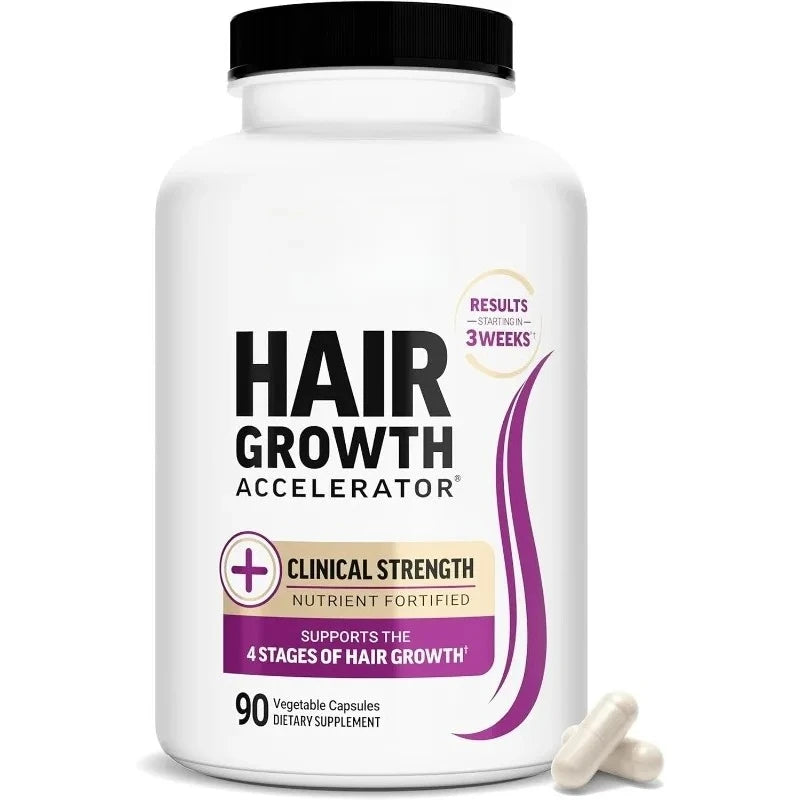 Hair Growth Accelerator supplement capsules, white bottle with purple accents, 90 capsules, S And B Enterprise