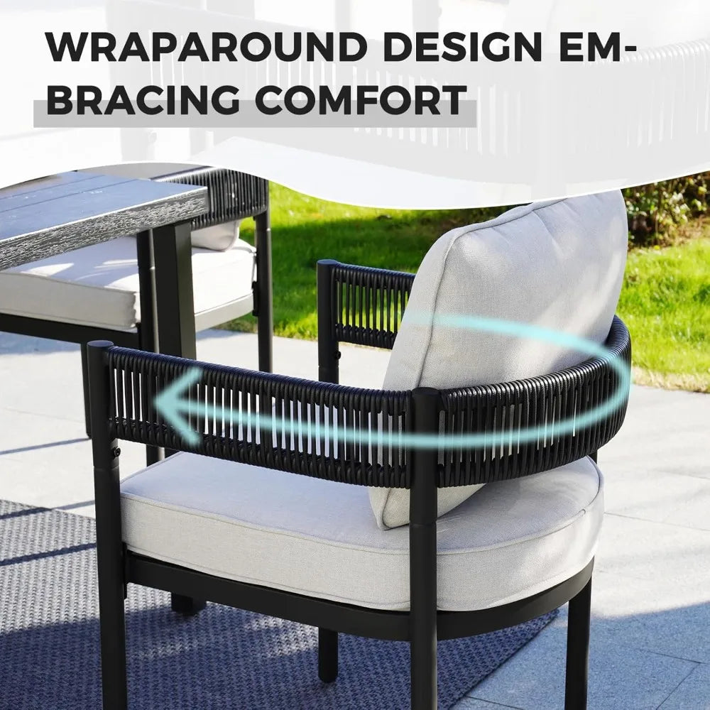 Outdoor Dining Set With Woven Metal Chairs And Cushions by S And B Enterprise