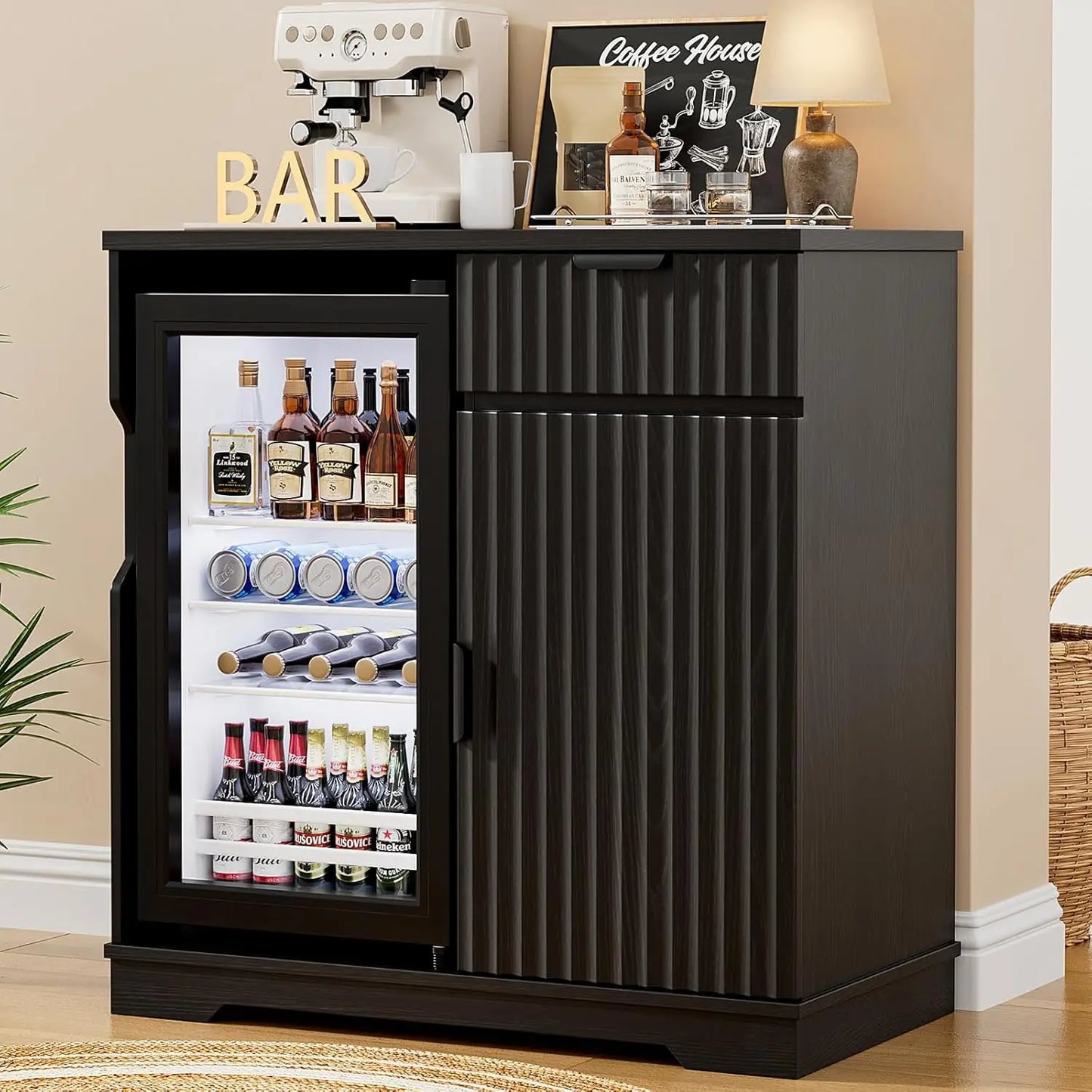 Mini Fridge Cabinet With Refrigerator, Fluted Coffee Bar