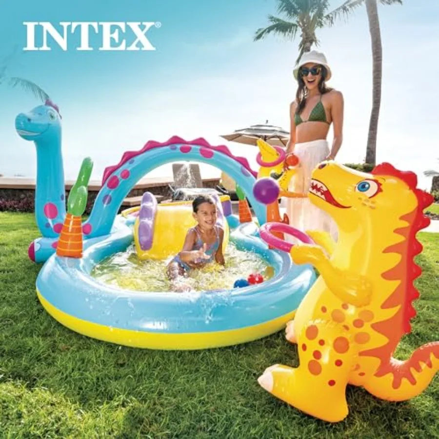 Intex Dinoland Backyard inflatable toddler pool with slide and water sprayers, multicolor