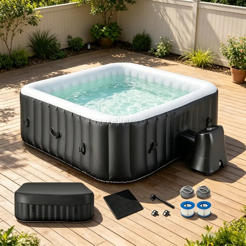 Inflatable hot tub by S And B Enterprise on a deck; white rim, 130 jets, with cover, mat, and blue filter cartridges