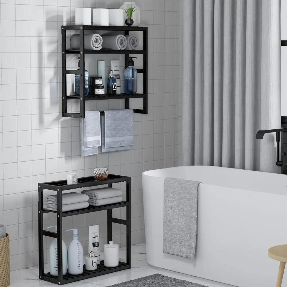 Bathroom Storage Shelves Over The Toilet with Towel Bar 100% Bamboo Adjustable Height Floating Shel Wall Shower Shel or Small Sp