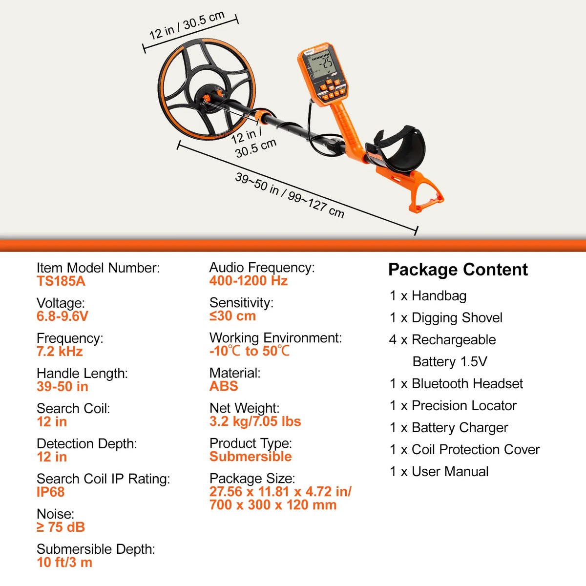 SucceBuy metal detector with 12in IP68 waterproof coil, orange/black, adjustable 39–50 in, LCD display with 7 modes