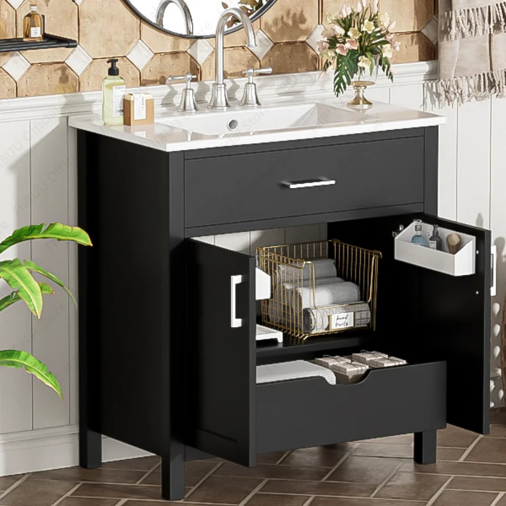 30" Small Bathroom Vanity Sink Soft Close Doors Cabinet Storage Undermount Ceramic Sink Organizer Cabinet for Compact Bathroom
