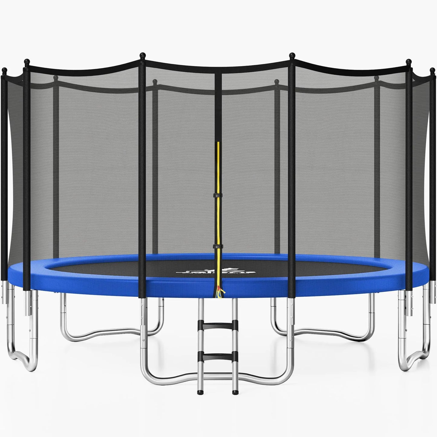 JELENS outdoor trampoline with enclosure net, blue safety pad, black poles, and silver frame