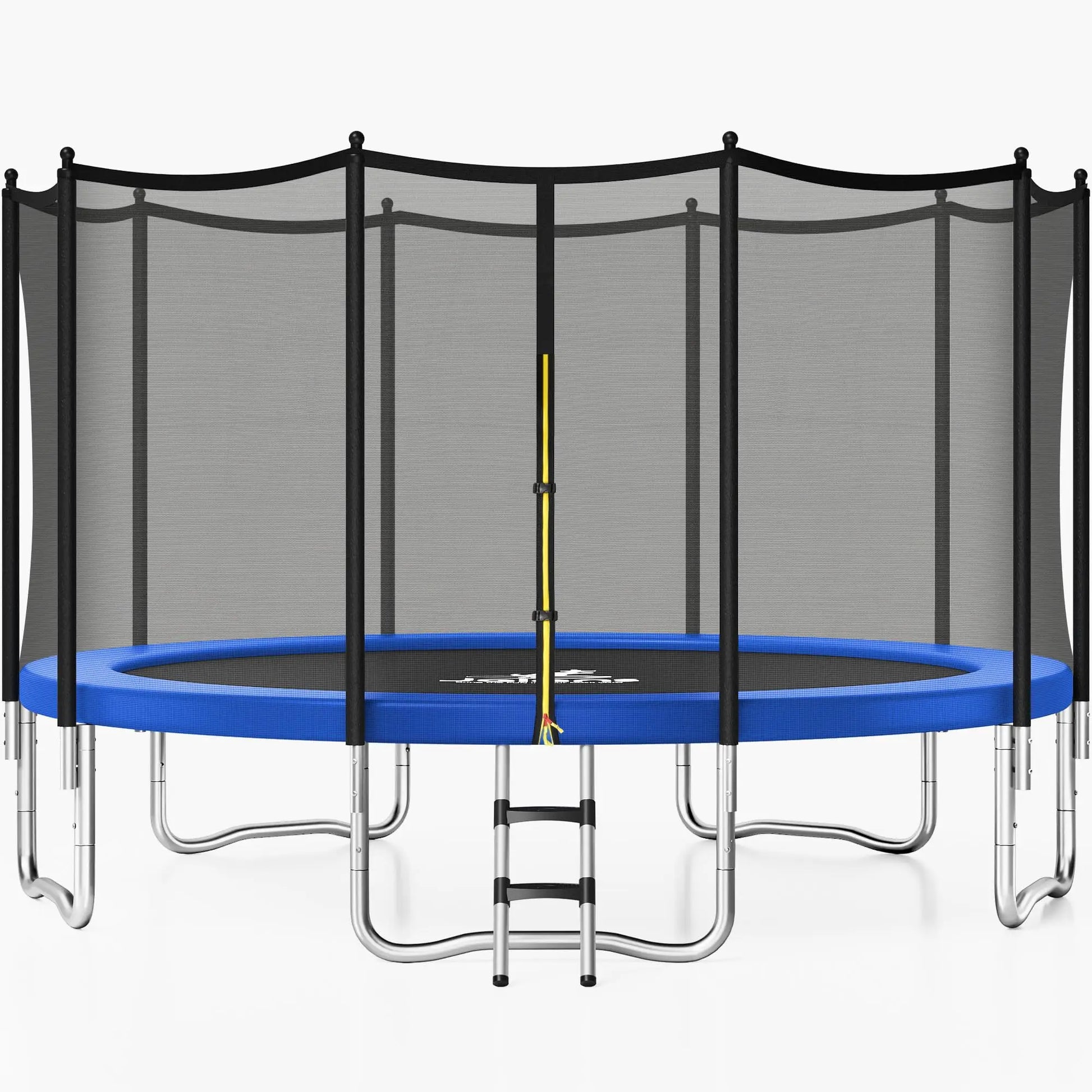 JELENS outdoor trampoline with enclosure net, blue safety pad, black poles, and silver frame