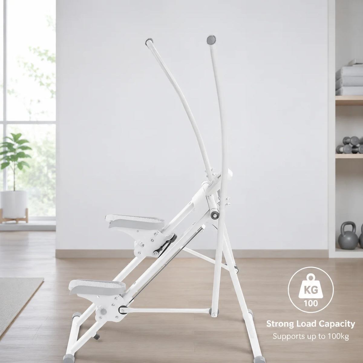 Stair stepper vertical climber in white with a compact footprint and adjustable pedals, supports up to 100 kg.