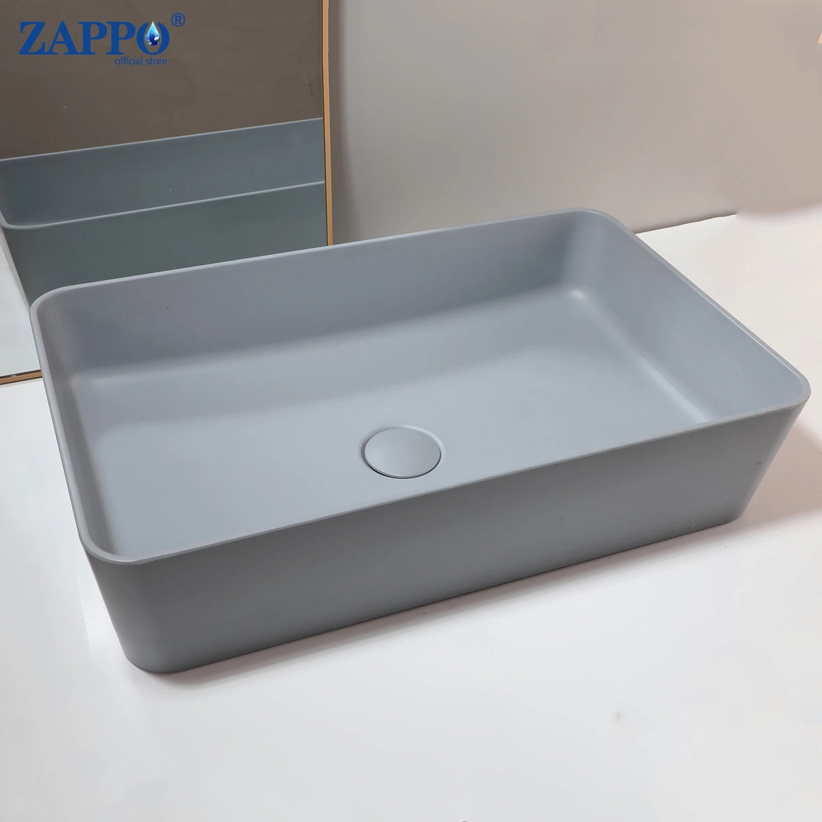 Bathroom vessel sink by ZAPPO in gray stone-resin with drain, above-counter design