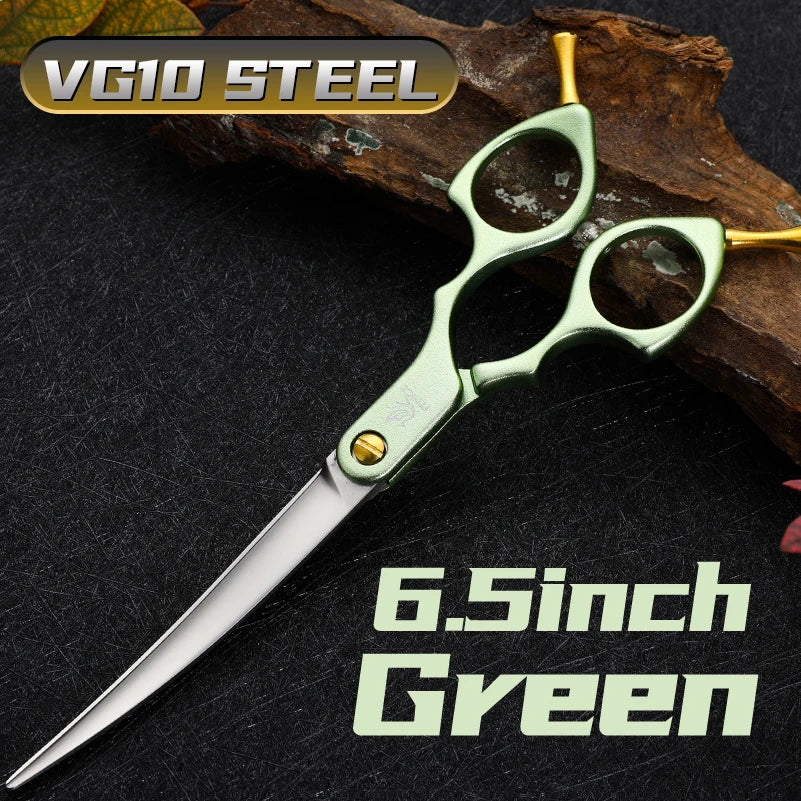 Pet grooming scissors, 6.5-inch green curved blades with VG10 steel