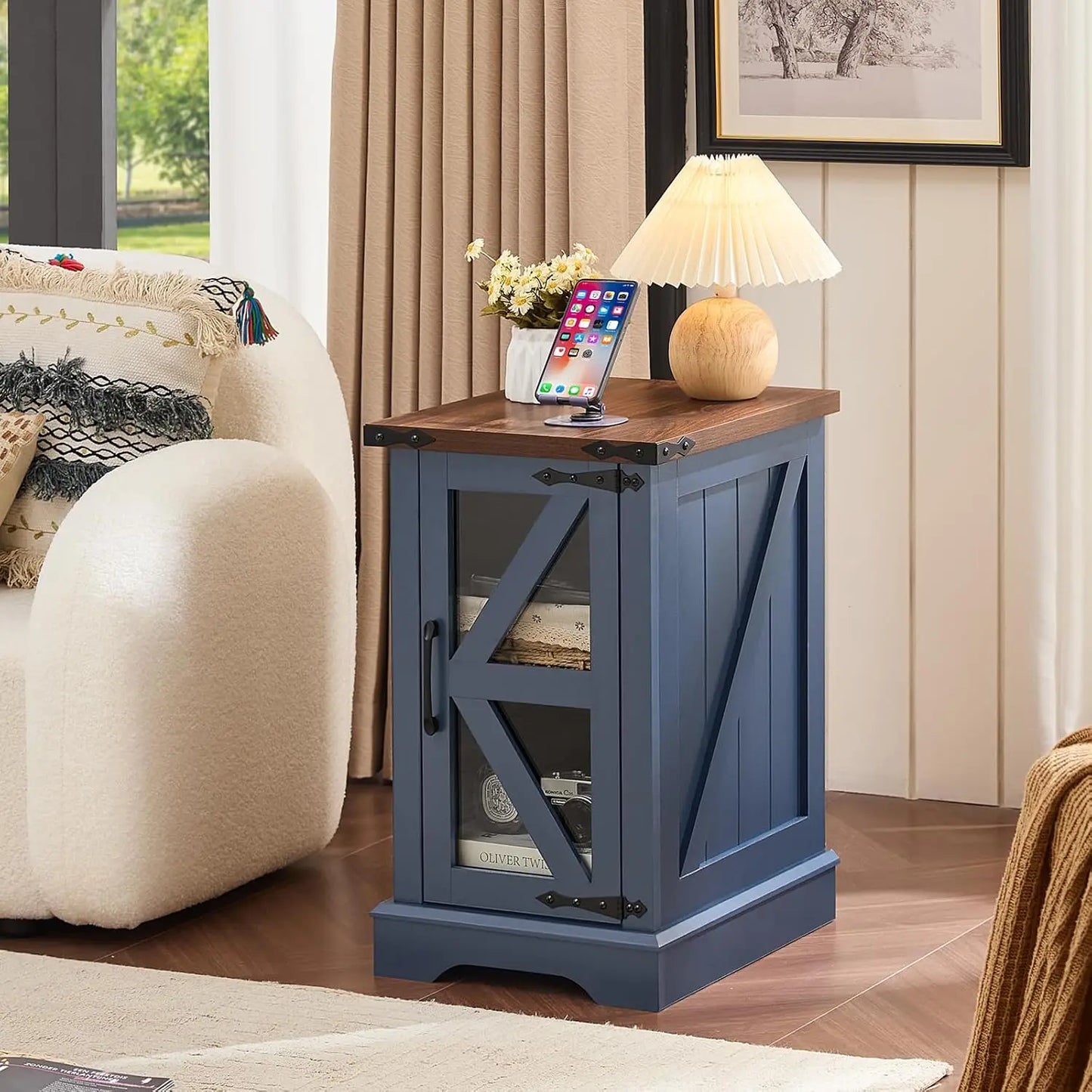 Farmhouse Coffee Table Set of 3 with Glass Barn Door Storage & Hidden Organizer for Living Room & Office, Blue, Custom by S And B Enterprise