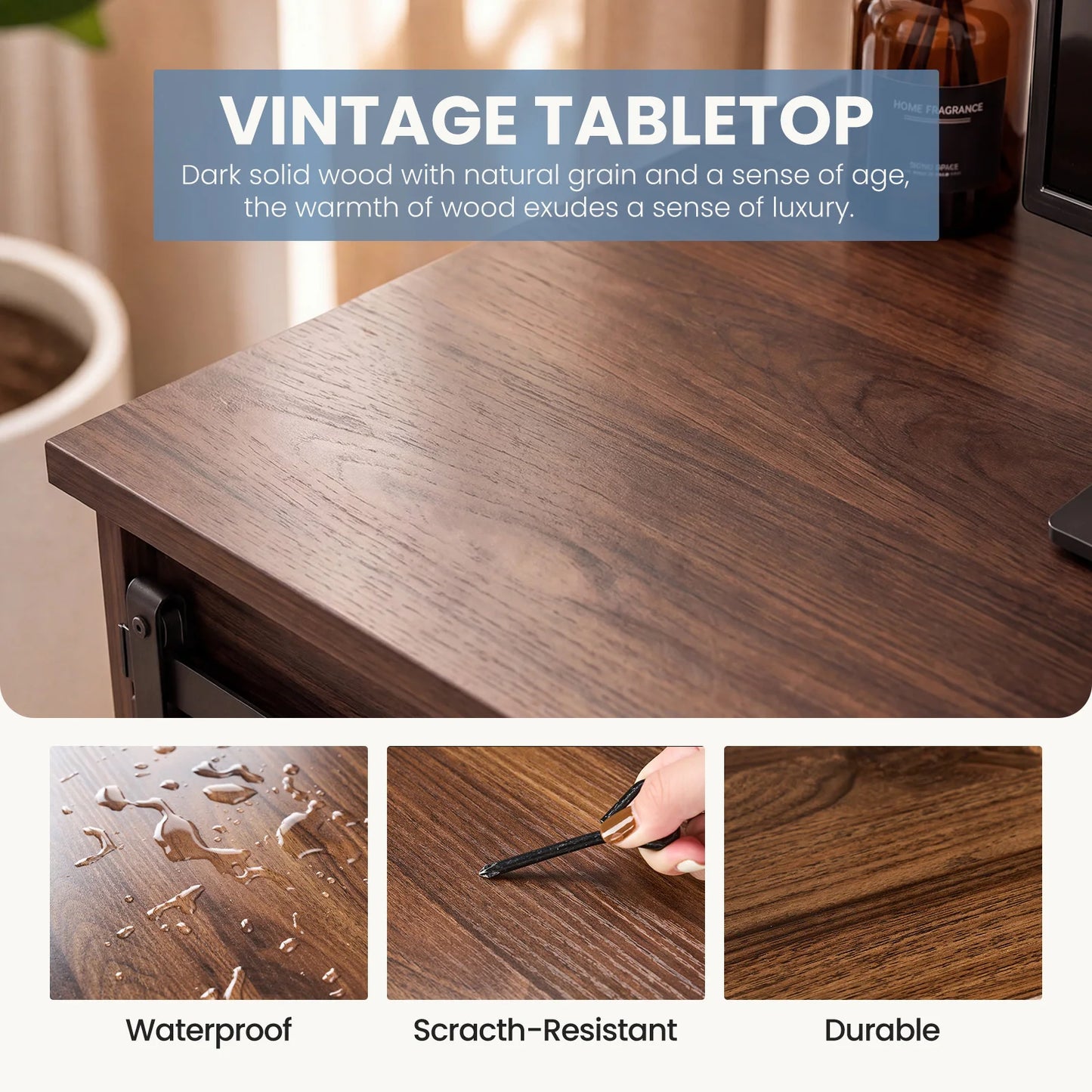 Dark wood TV console table top with visible grain, close-up