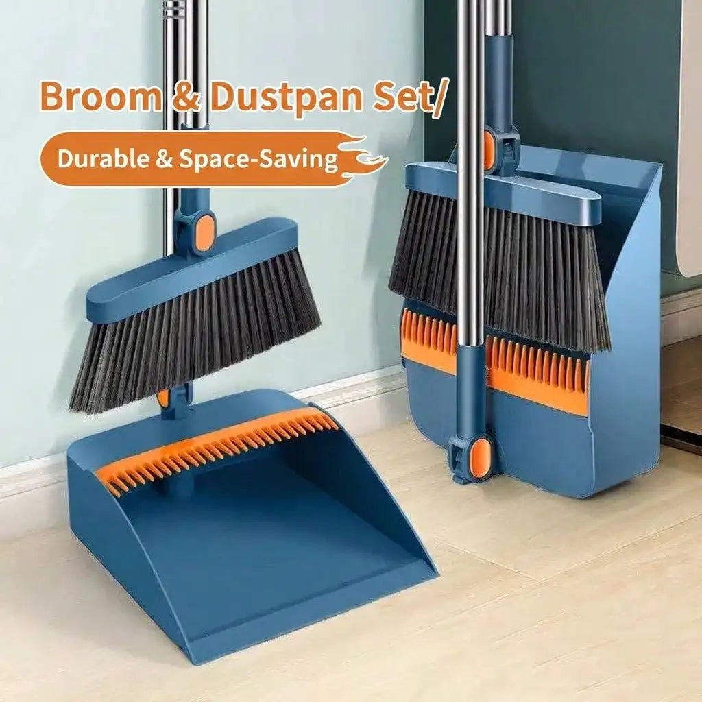 Broom And Dustpan Set, Blue, 2-Piece, 180 Degree Rotatable, Extendable Handle Up To 53 Inches, 4-Layer Thick Brush, Comb Teeth, Folding Storage by S And B Enterprise