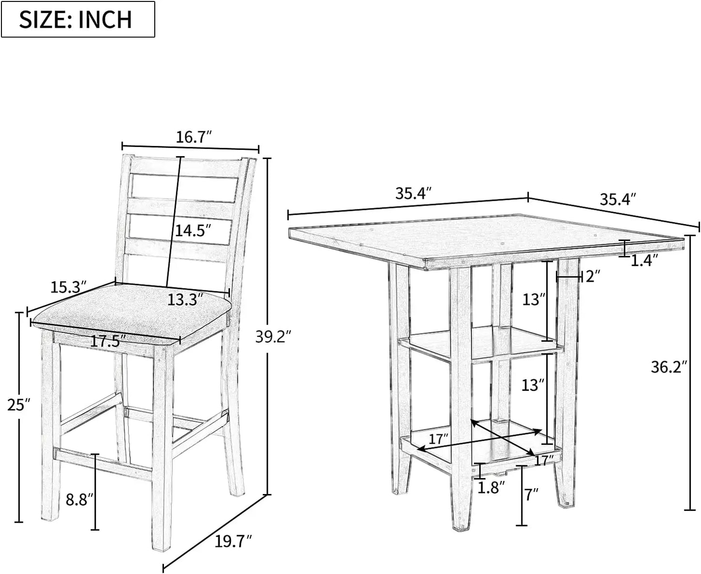 5 Piece Kitchen Dining Table Set with Padded Chairs for 4 Solid Wood Dining Room Table Set with Shelves for Storage, Gray