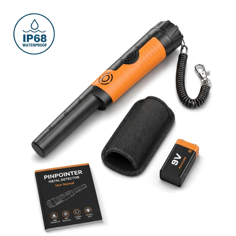 SUNPOW handheld pinpointer metal detector, orange and black, IP68 waterproof, with belt pouch and manual