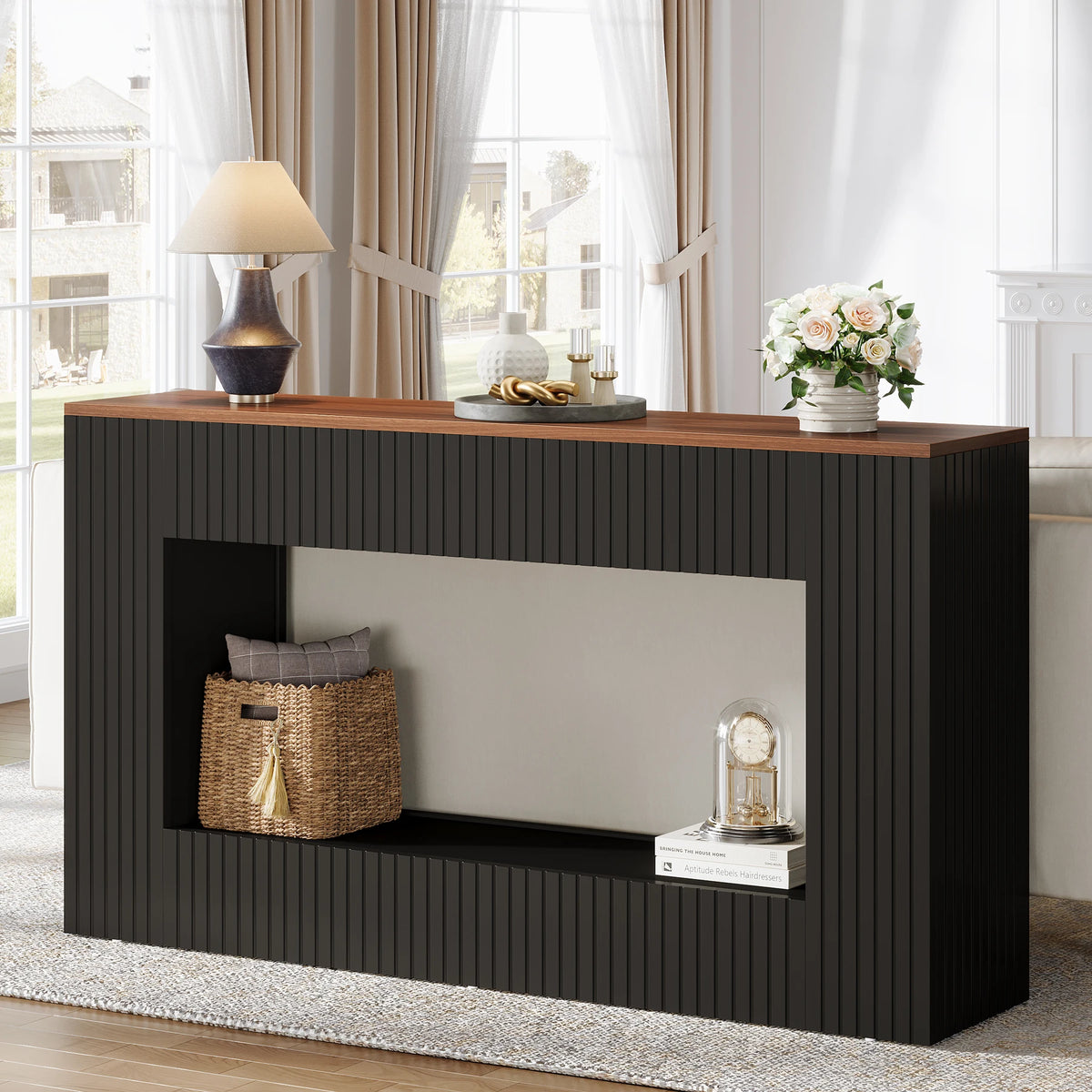 Tribesigns console table with wood top and dark ribbed base, styled with lamp, vase, flowers, and woven basket on shelf