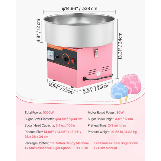 SucceBuy Commercial Cotton Candy Machine 1000W Electric Candy Floss Maker