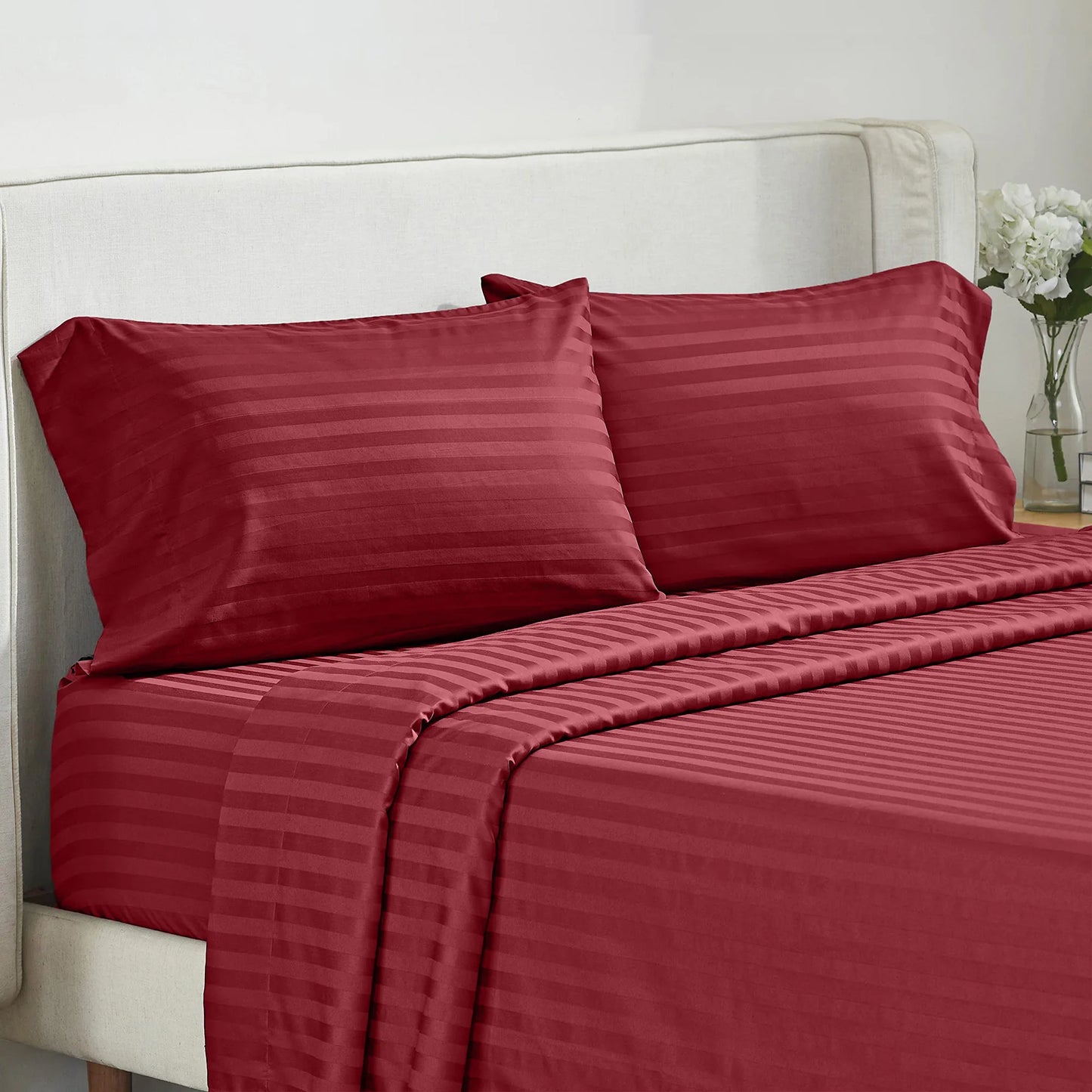 Battilo 4-piece bed sheets set with red striped pillowcases (2) and flat sheet by S And B Enterprise