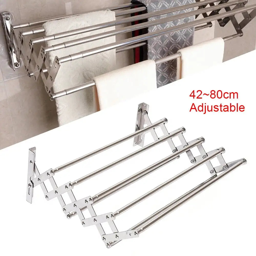 Stainless steel wall-mounted laundry drying rack by S And B Enterprise, adjustable 42-80 cm with foldable towel holder