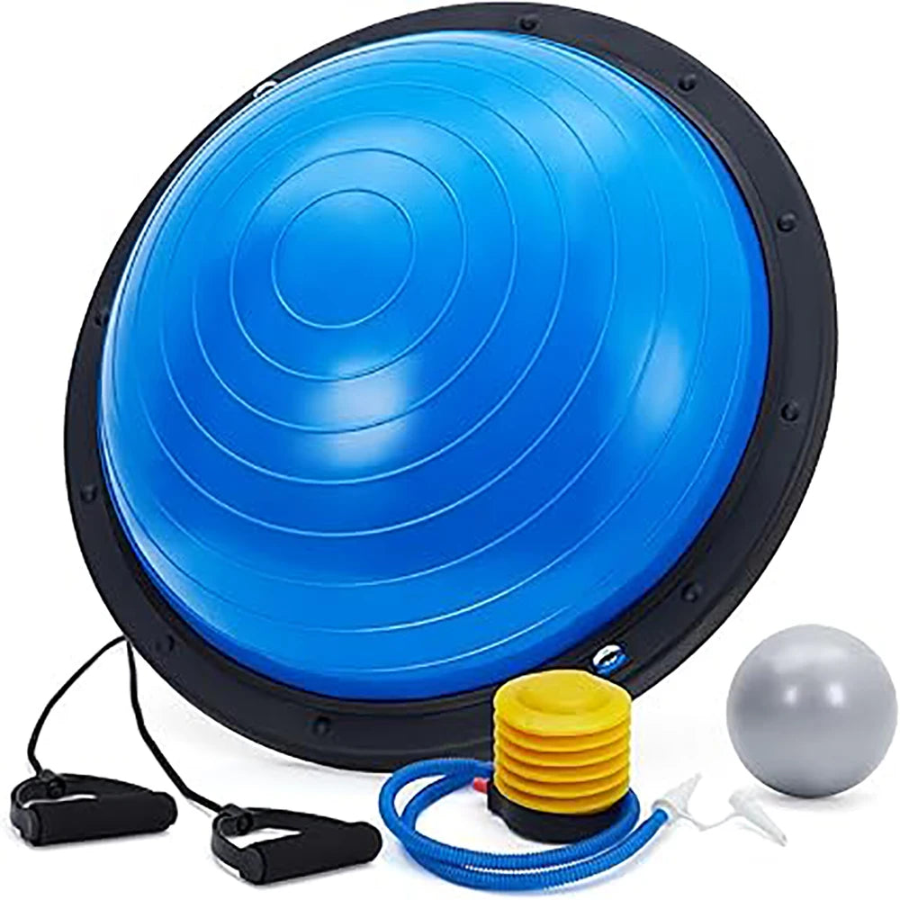 Half exercise ball trainer by S And B Enterprise, blue with non-slip base; includes 2 bands, pump and gray extra ball.