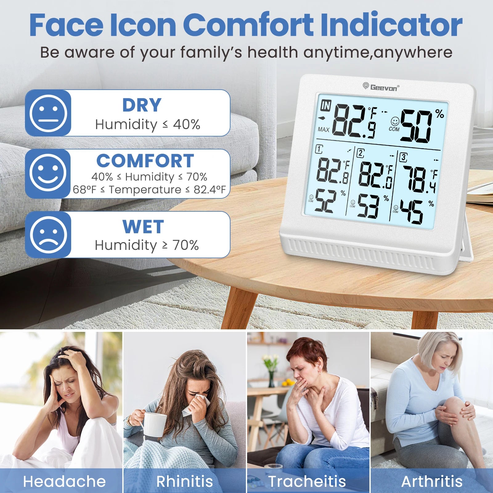 Geevon wireless indoor/outdoor thermometer with 3 remote sensors and digital hygrometer display