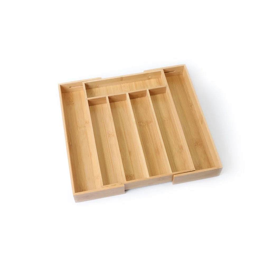 Natural Bamboo Expandable Silverware Organizer With Adjustable Compartments
