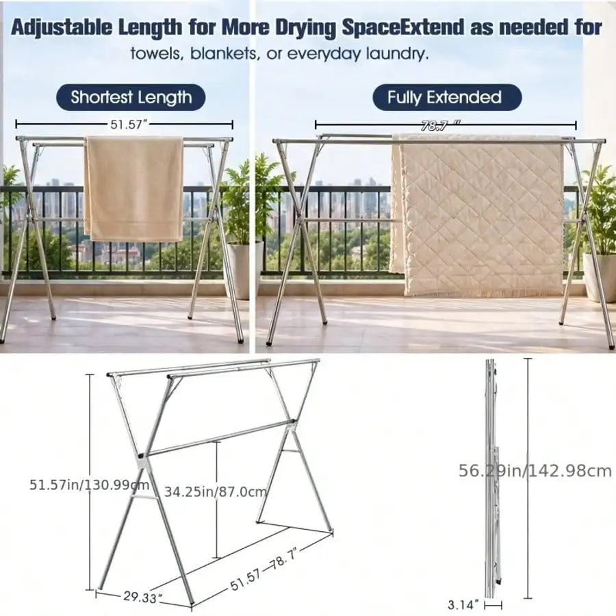 Foldable clothes drying rack by S And B Enterprise, stainless steel, adjustable height for indoor or outdoor use.