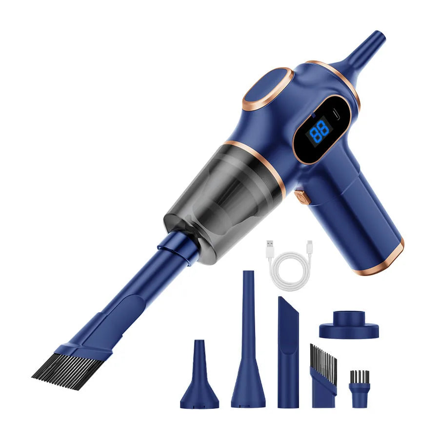 ABS wireless car vacuum cleaner by S And B Enterprise; blue handheld with digital display and multiple attachments