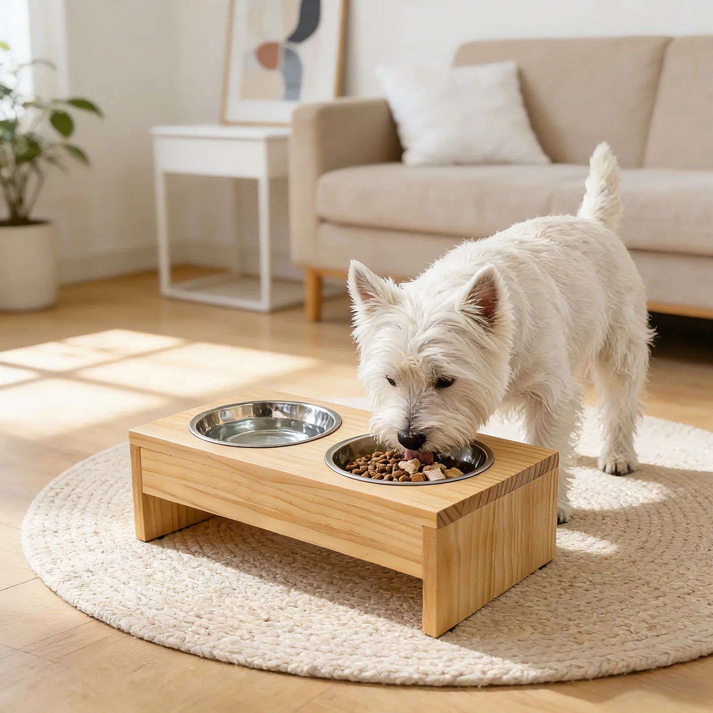 Wooden Elevated Dog Bowls, Raised Pet Feeder with Stainless Steel Double Bowls, Non-Slip Dog Food Water Stand for Medium Large Dogs by S And B Enterprise