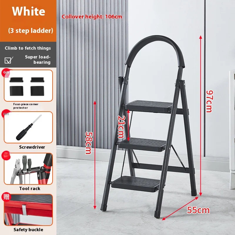 Adjustable zigzag folding ladder in black carbon steel for home and garden, 3-6 steps