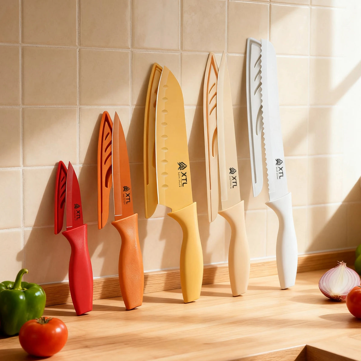 10-piece ceramic-coated knife set with color-coded blades and protective sheaths by S And B Enterprise