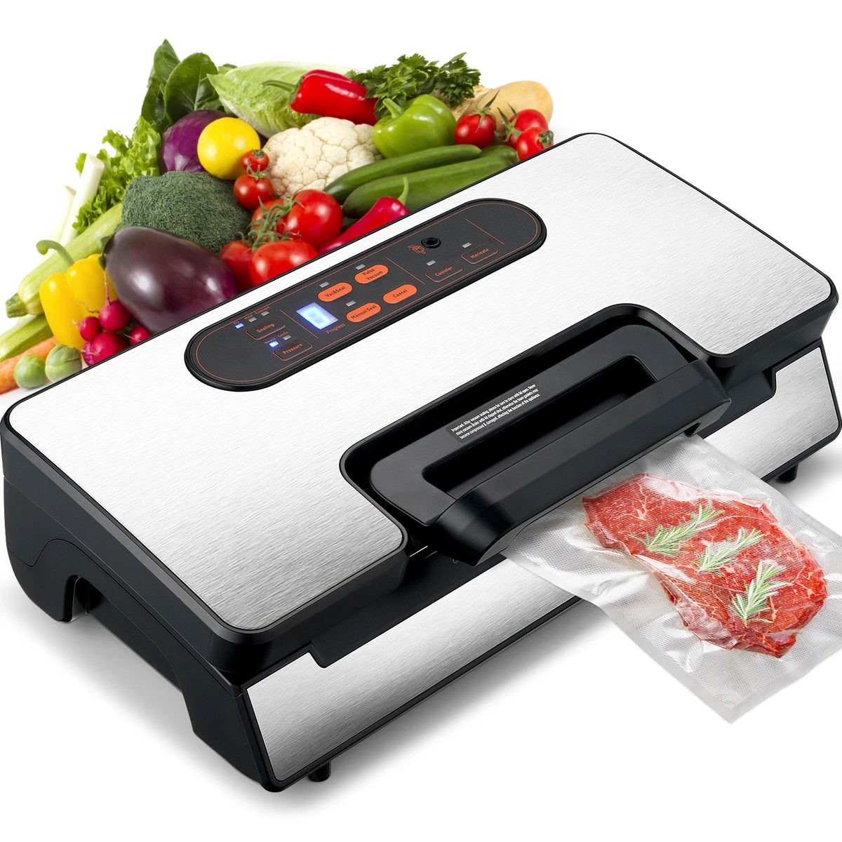 Vacuum sealer machine with stainless steel top and black body sealing a meat bag