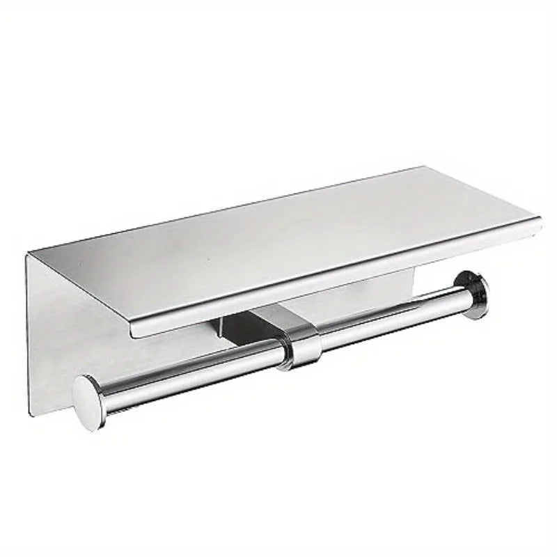 Wall-mounted 304 stainless steel toilet paper holder with shelf, double-roll design