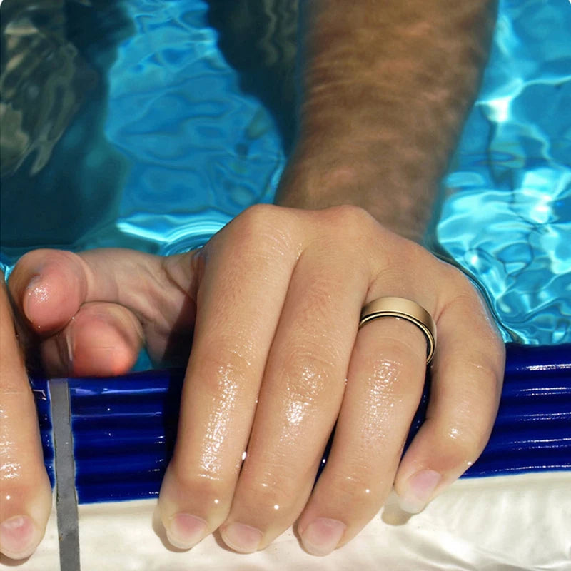 R10 waterproof smart ring, gold tone, worn on finger; health monitor wearable.